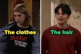 leia wearing a dare shirt and jay with shawn hunter hair on that 90s show
