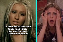 Christina Aguilera in her "Beautiful" music video; Rachel from "Friends"