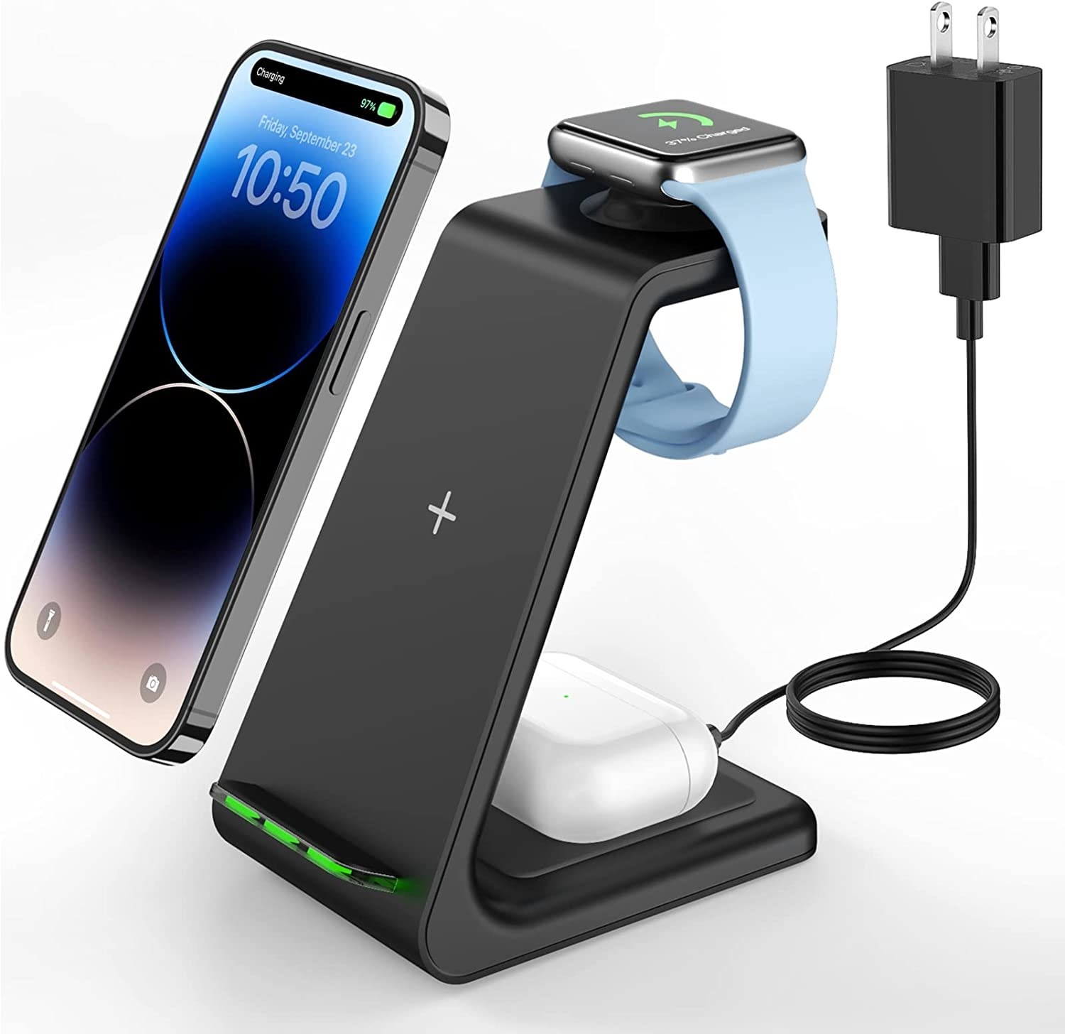 a three in one charger with space for a phone, watch, and headphone case to charge