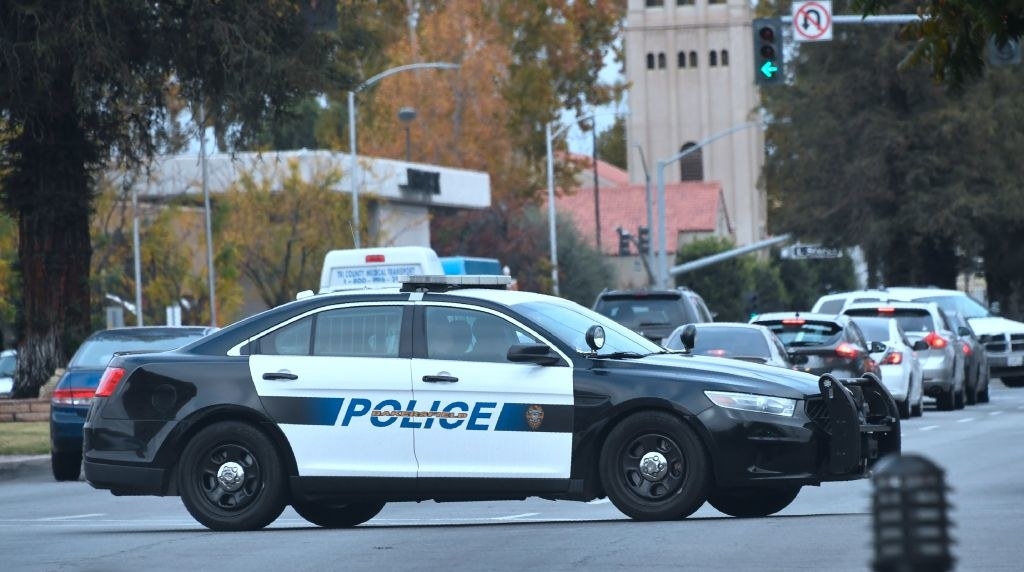 A Bakersfield police car blocking traffic