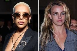 Doja Cat wears a black blazer with a gold brooch, a gold necklace, chunky gold earrings, and sunglasses. Britney Spears wears a blue top under a gray jacket.