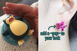 snorlax figure on mini beanbag and balloon dog stud earrings with text "add a ~pop~ to your look"