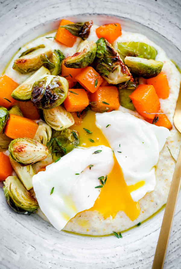 Grits With Brussels Sprouts, Squash, and Poached Eggs