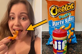 woman eating a cheeto covered in peanut butter next to a bag of cheetos and jar of peanut butter with an arrow pointing