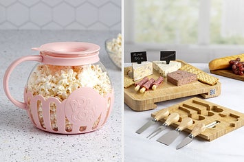 on left, pink microwave popcorn popper. on right, wood charcuterie board with cheeses and crackers