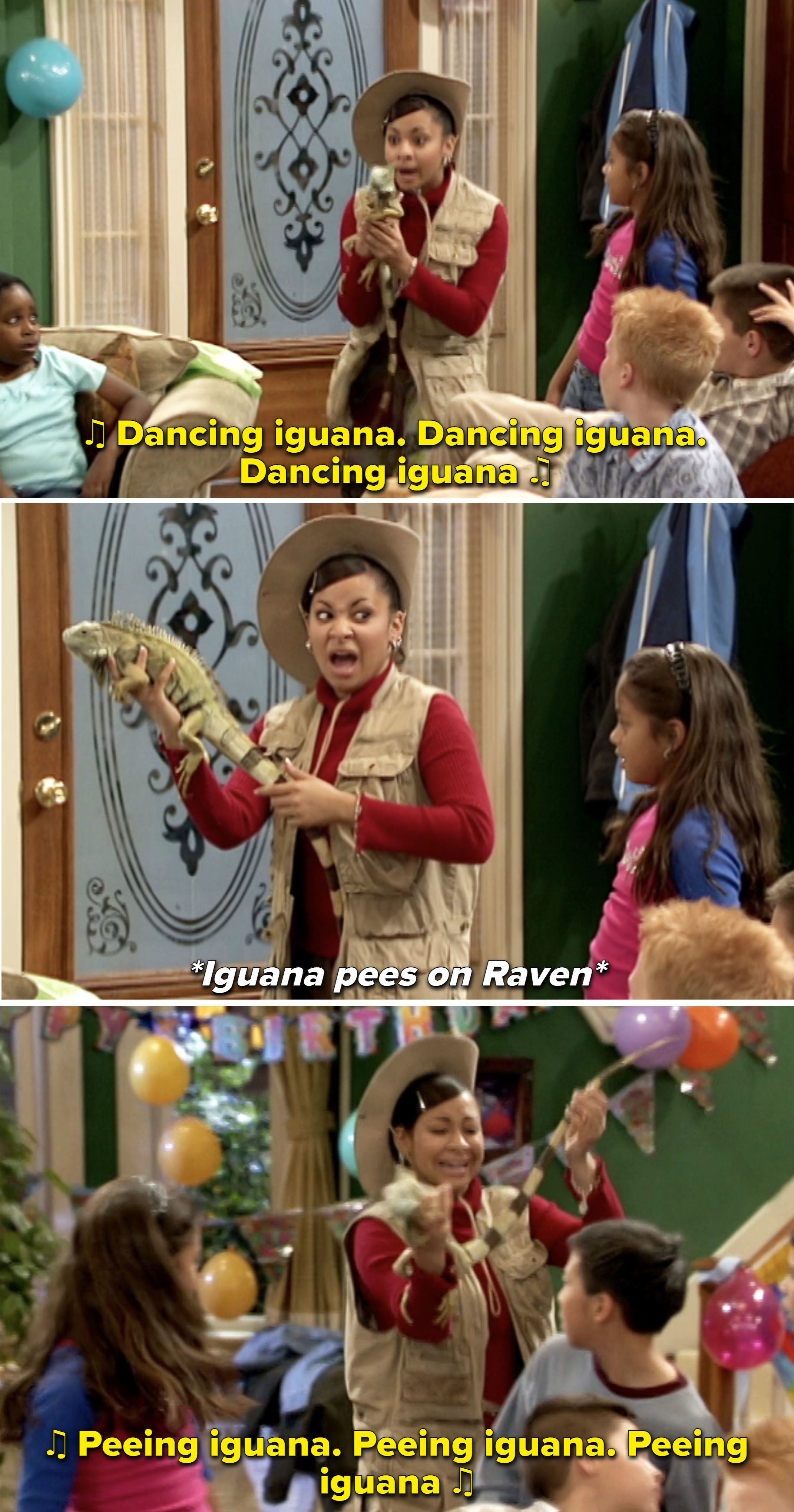 raven singing and holding an iguana and changing the lyrics to, peeing iguana