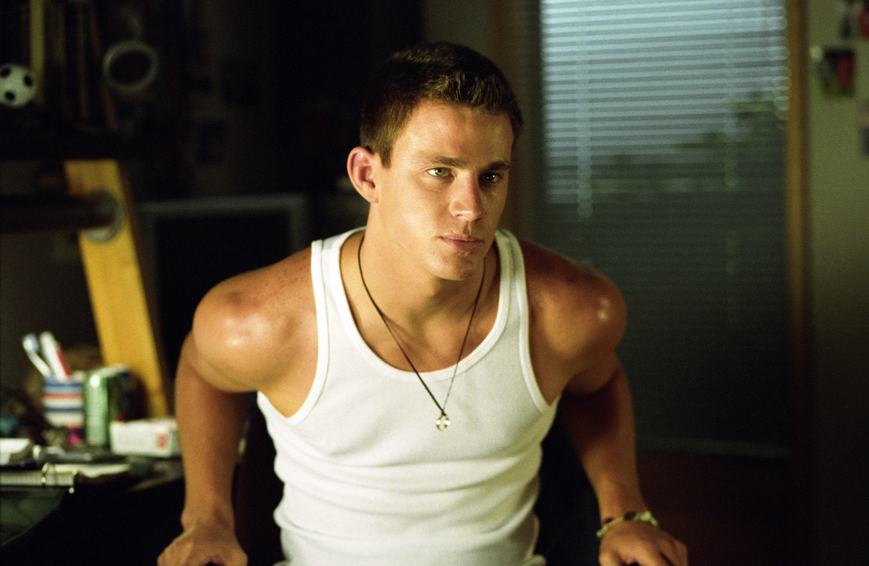 Channing in an undershirt