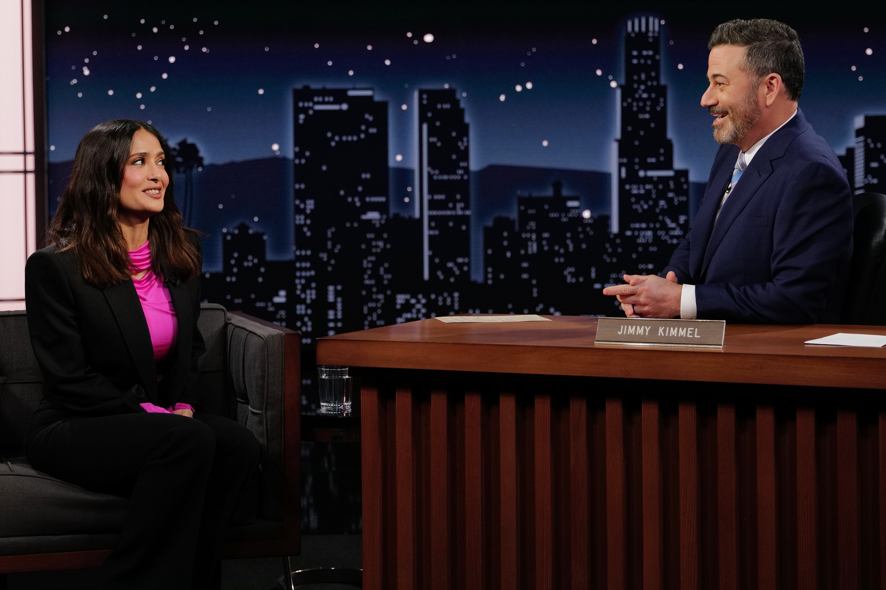Salma talks to Jimmy Kimmel on set