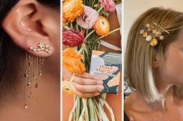 A model wearing the constellation earrings in gold / A model holding the cards with a bouquet of flowers / A reviewer wearing three of the clips