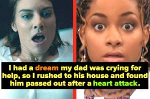 woman waking up from a nightmare and raven having a vision in that's so raven captioned "I had a dream my dad was crying for help, so I rushed to his house and found him passed out after a heart attack"