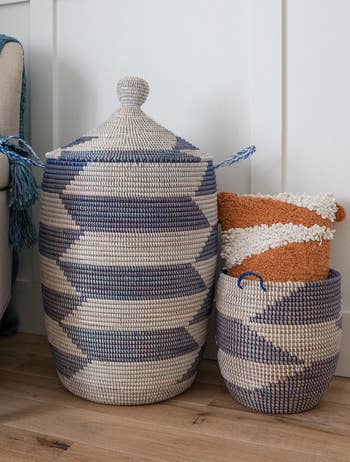 a blue and white checked basket