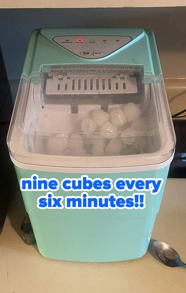 A reviewer's light blue/green ice maker full of ice: 