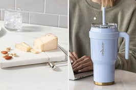 on left, white square marble cheese tray. on right, blue insulated stainless steel tumbler 