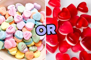 On the left, some conversation hearts candies, and on the right, some gummy hearts with or typed in the middle