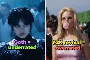 Wednesday Addams labeled "goth = underrated" and Britney spears blowing bubble gum labeled "Y2K revival = overrated"