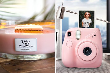on left, pink coastal sunset-scented lit candle. on right, pink instax mini camera with printed photo