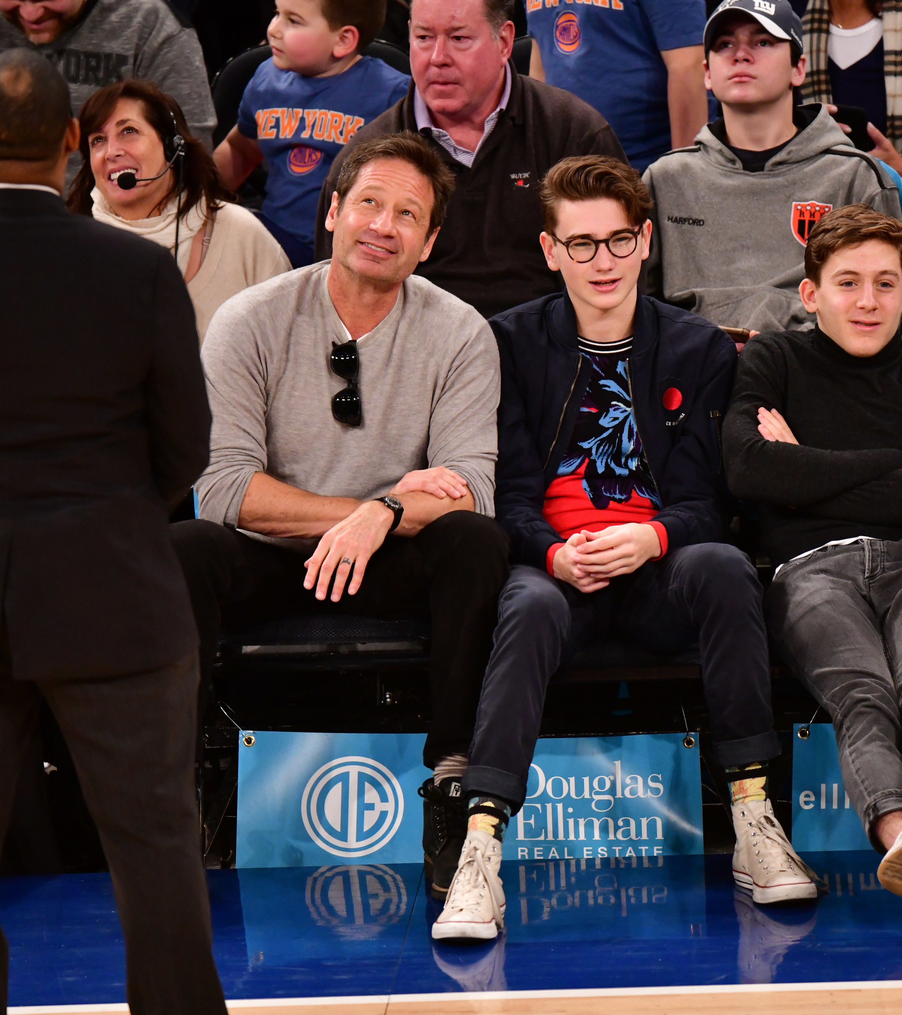 David Duchovny and Kyd Duchovny attend Memphis Grizzlies v New York Knicks game at Madison Square Garden on February 3, 2019