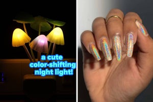 mushroom light "a cute color-shifting night light!", hand with holographic nail polish