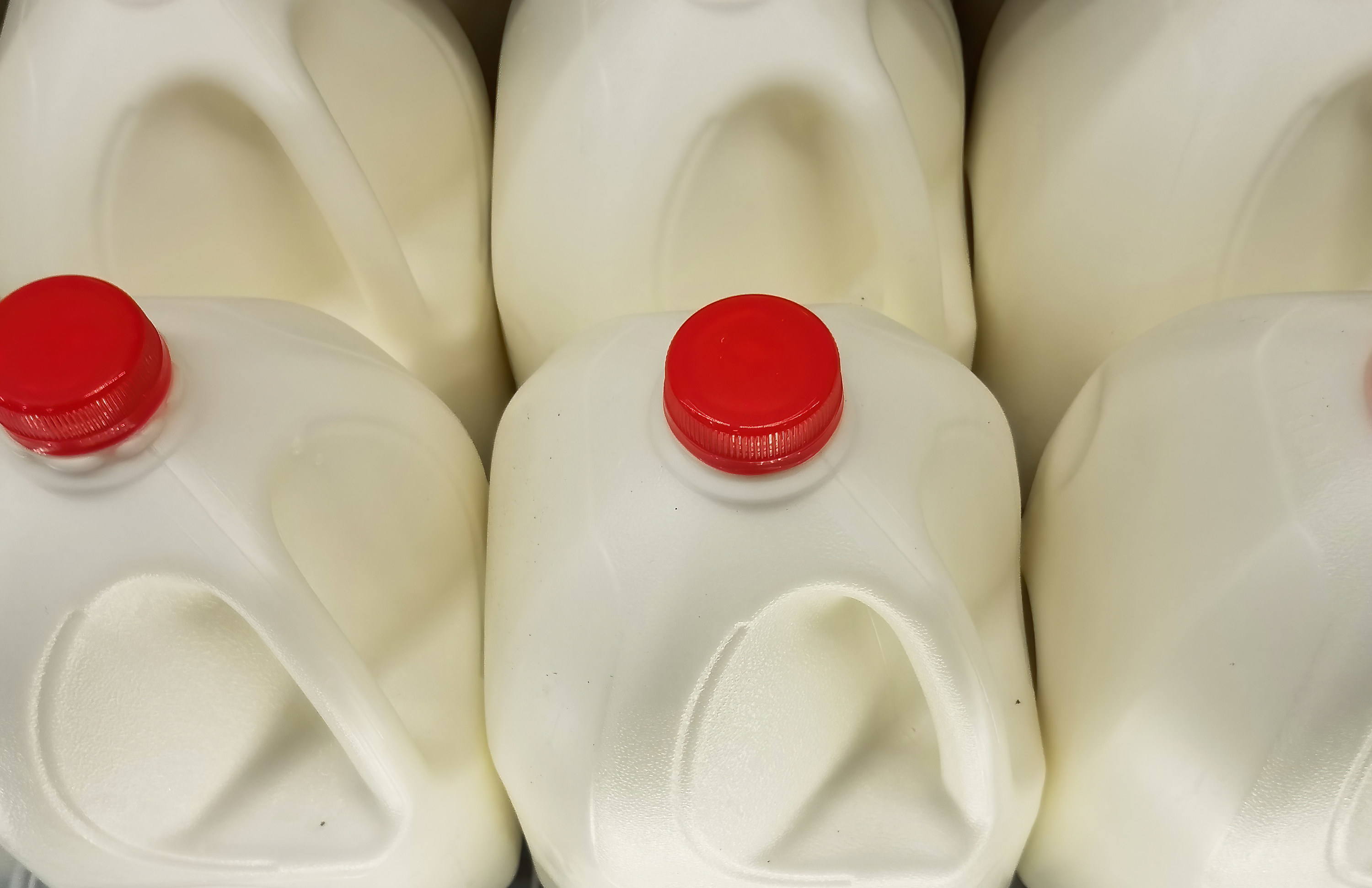 Close up a gallons of milk from above