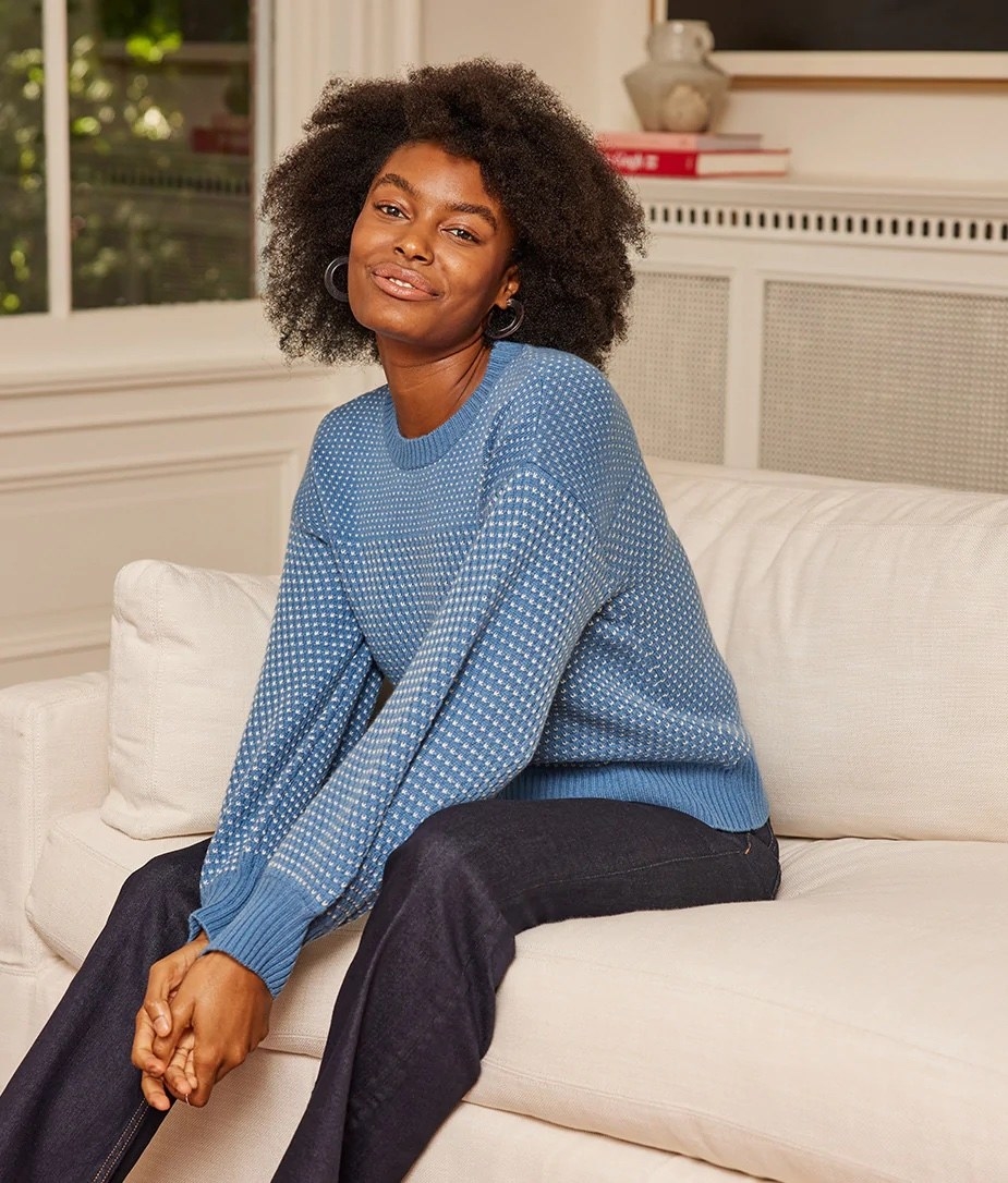 model in blue sweater with white dots