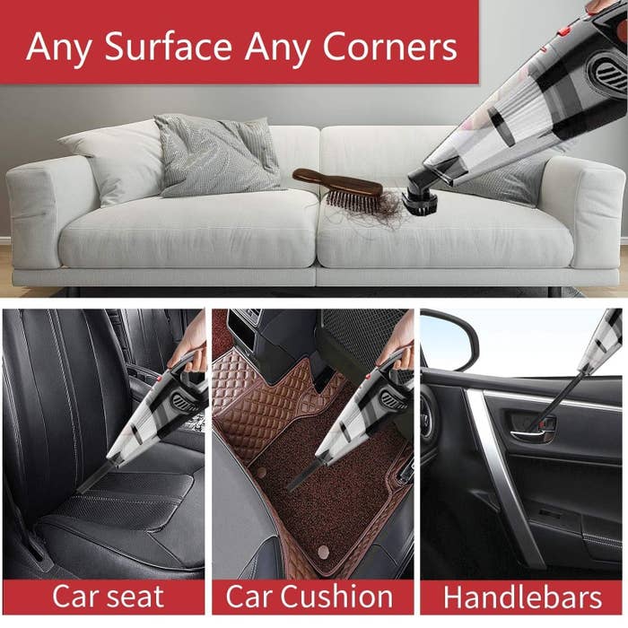 the vacuum being used on a car seat, car cushion, car handlebar, and couch