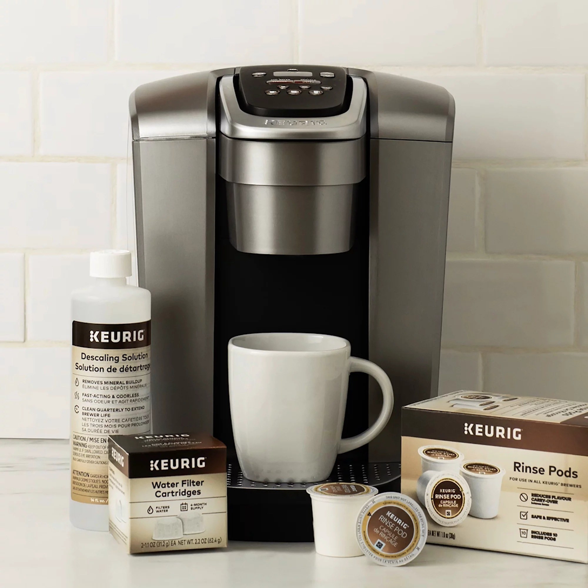 The Keurig descaling solution in front of a keurig machine