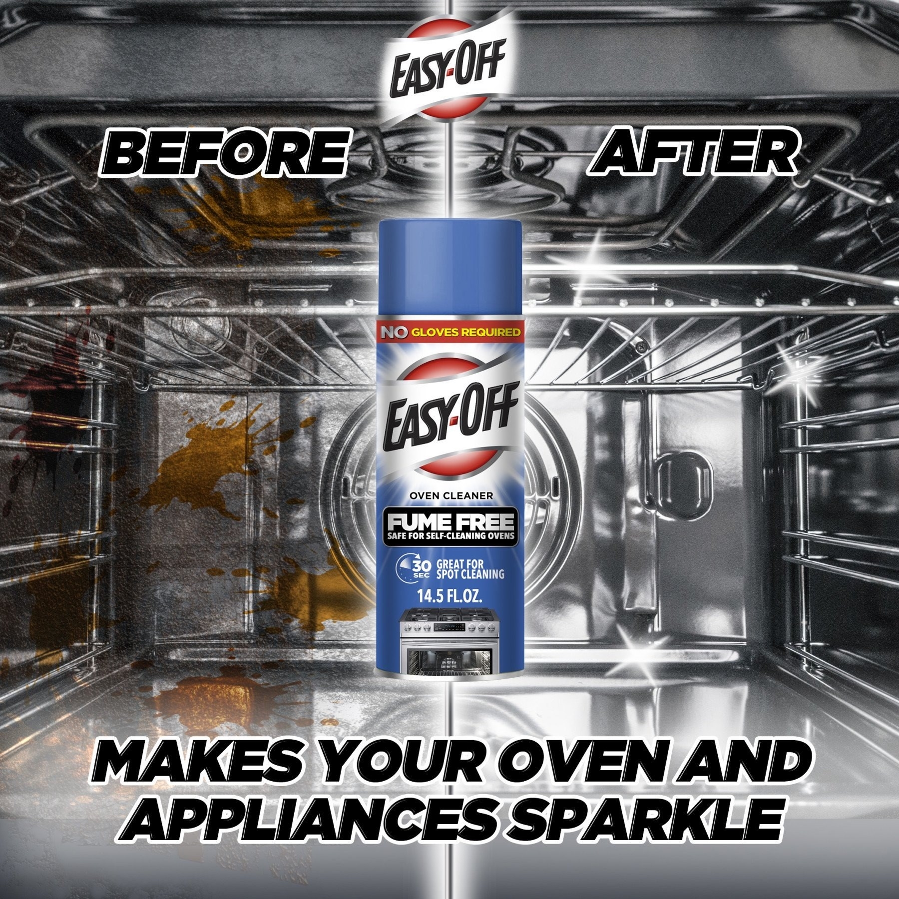 The fume-free oven cleaning spray with a before and after image of an oven and the header &quot;makes your oven and appliances sparkle&quot;