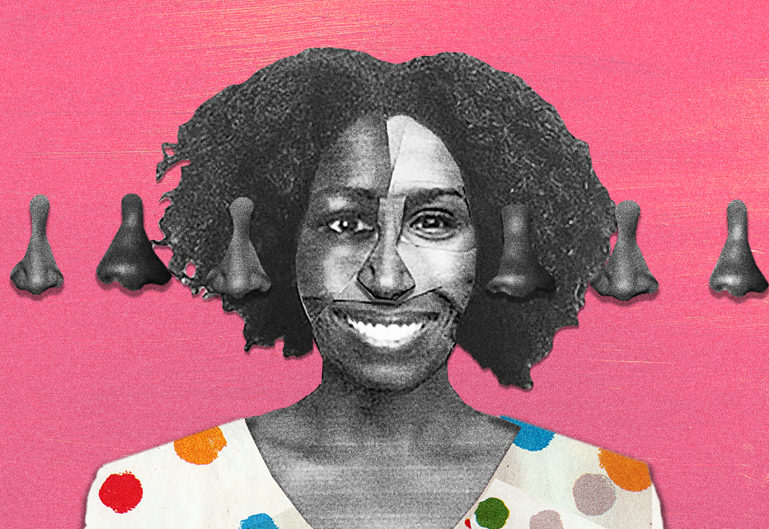 An illustration of a Black woman standing behind a row of different noses
