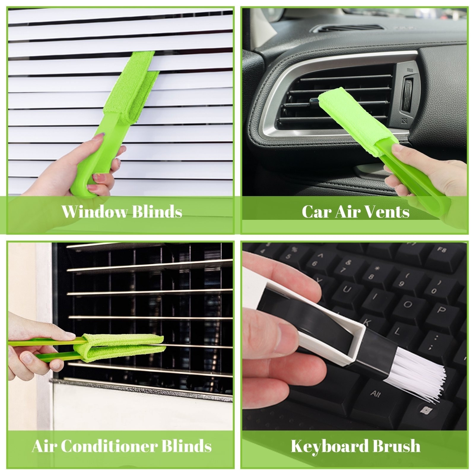 the cleaner being used on window blinds, car air vents, air conditioner blinds, and a keyboard
