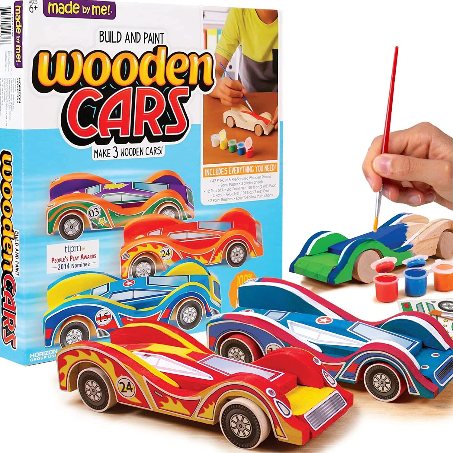 Packaging and three colorful painted wooden toy cars
