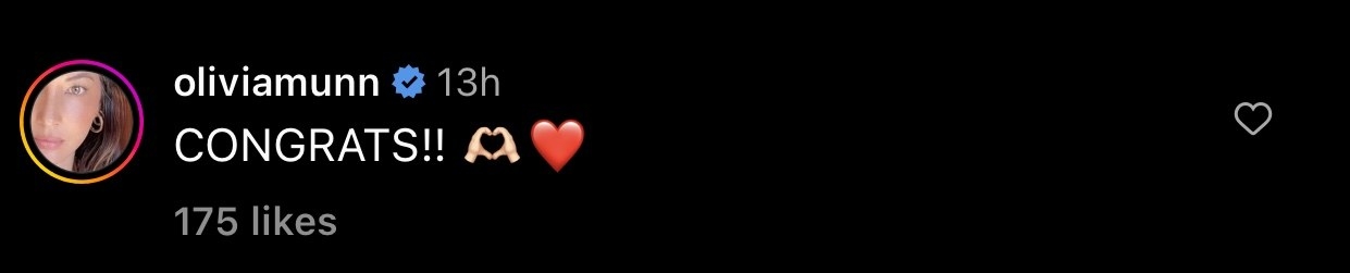 Olivia Munn: CONGRATS!! (with hands creating a heart emoji and a heart emoji)