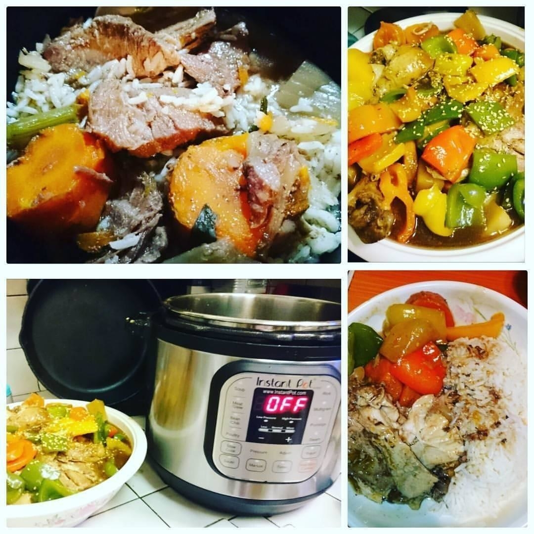 Reviewer&#x27;s photo collage of the Instant Pot and various meals made using it