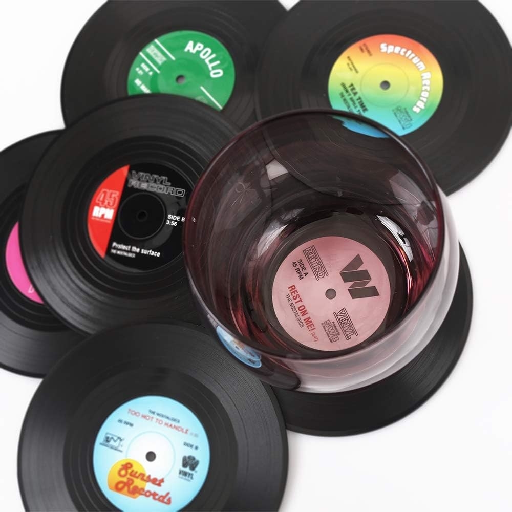 a set of record shaped coasters