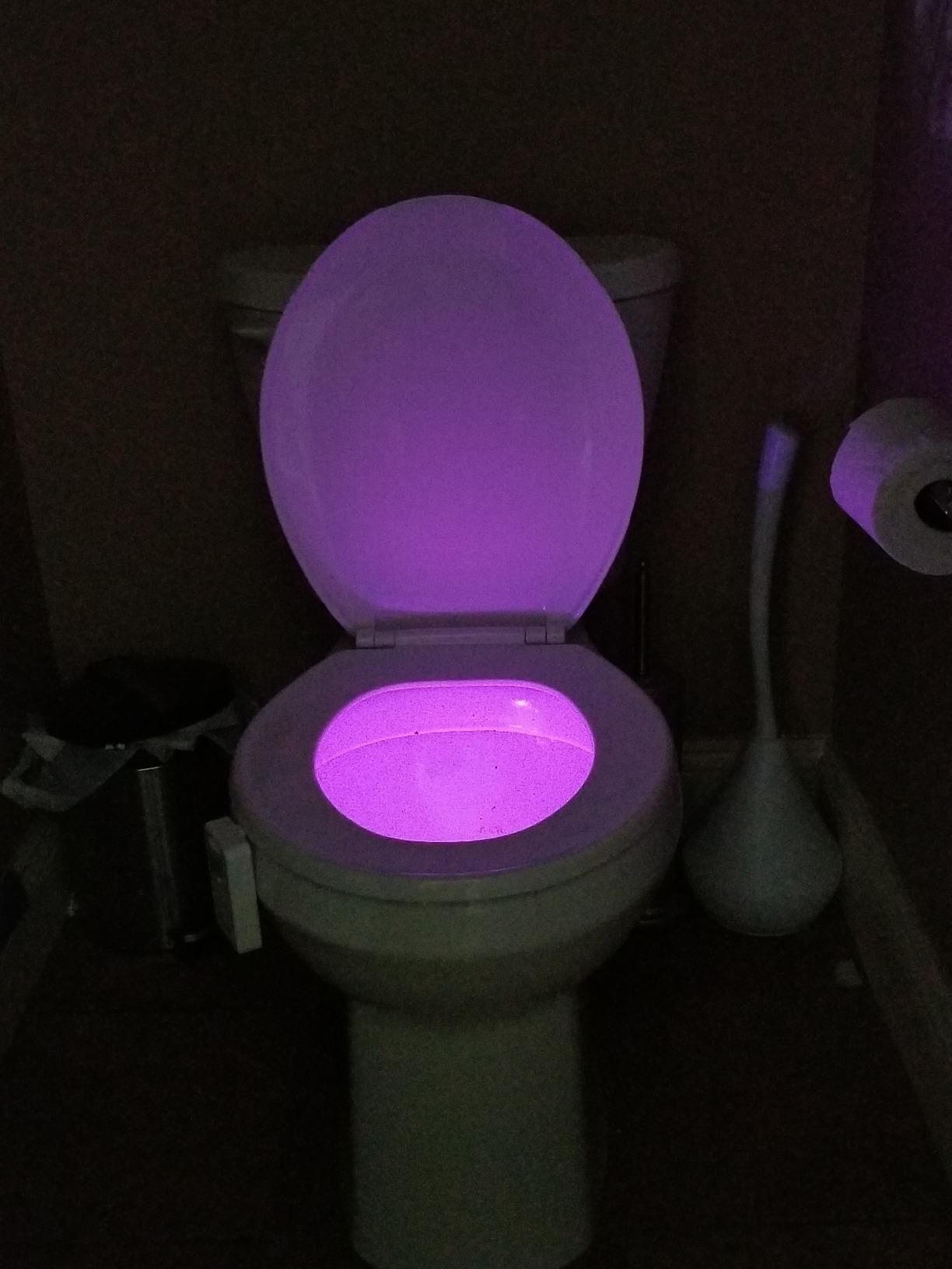 A toilet that is glowing purple