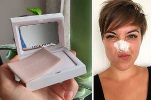 a person holding a fenty beauty blotting compact, a person with a mask on their nose