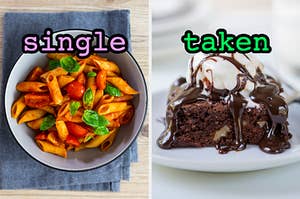 On the left, penne in marinara sauce with basil and tomatoes labeled single, and on the right, a walnut brownie topped with ice cream and hot fudge labeled taken