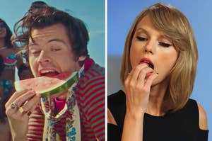 On the left, Harry Styles eating a slice of watermelon in the Watermelon Sugar music video, and on the right, Taylor Swift eating a strawberry