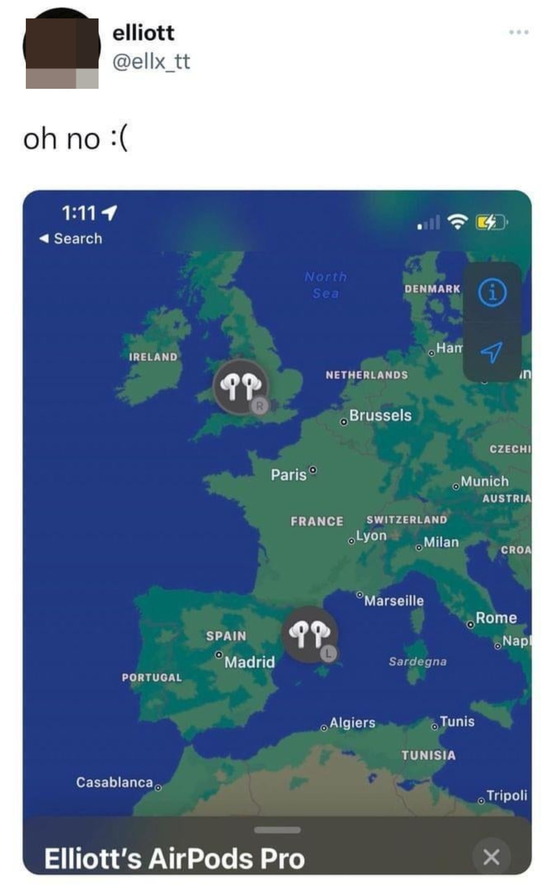 AirPod headphones, one in the UK and one in Italy, seen on a map