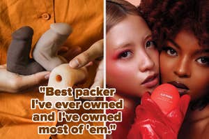 Model holding assorted realistic packers and models posing with red bottle of arousal serum