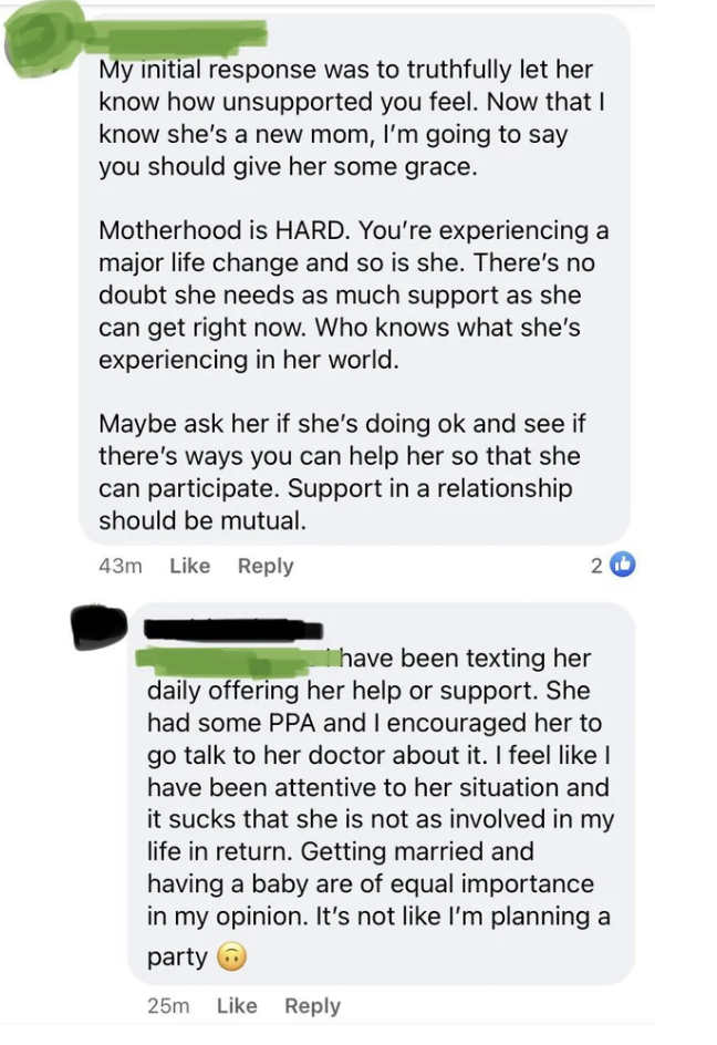 A response says the bride-to-be should extend grace to her maid of honor who is a new mom, and the bride-to-be says that a wedding and child are of equal importance