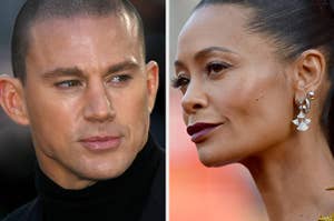 Channing Tatum looks to his left as he poses for photos vs Thandiwe Newton looking at photographers with a slight smirk on her face