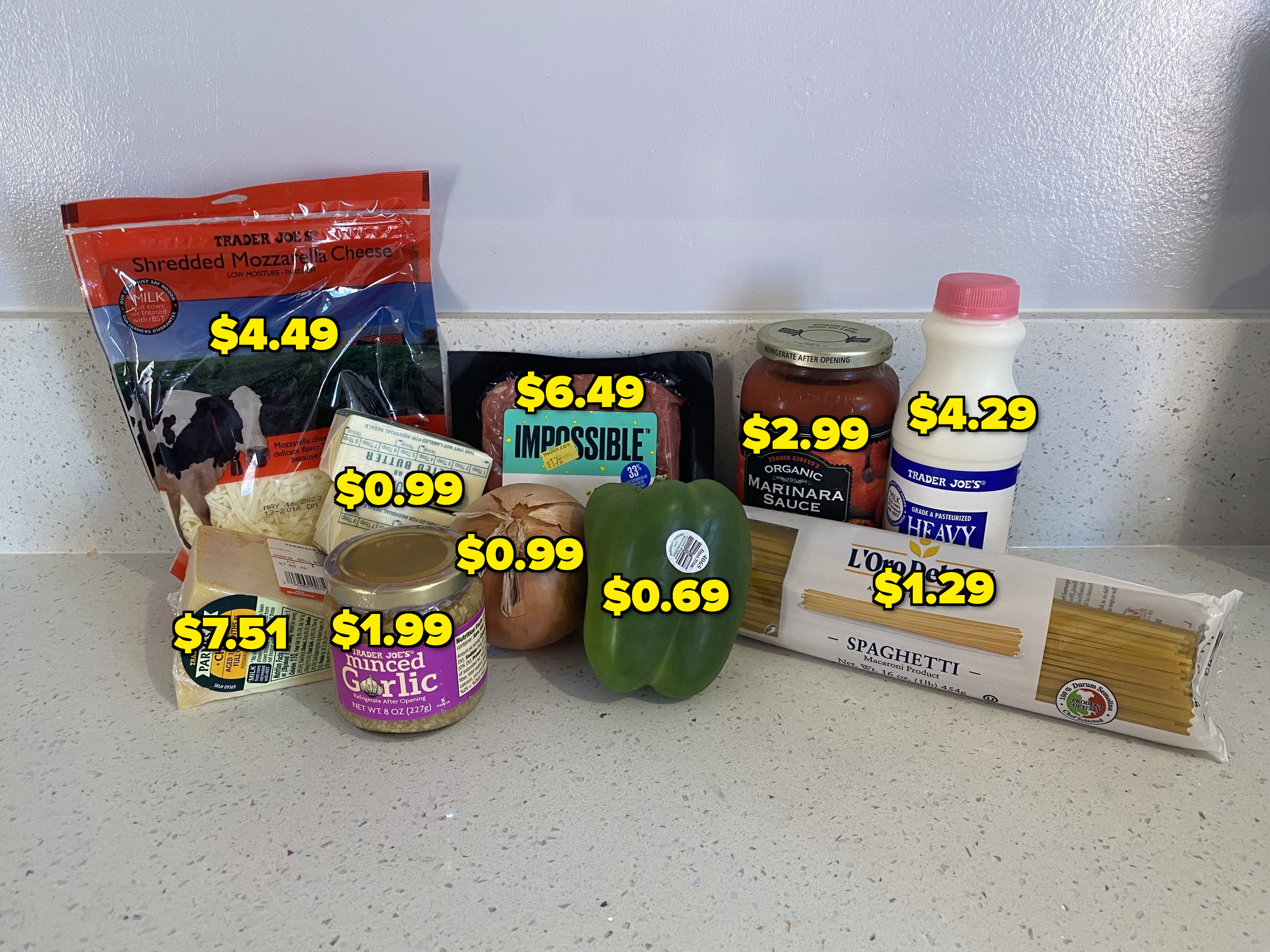 ingredients on the counter with their prices added