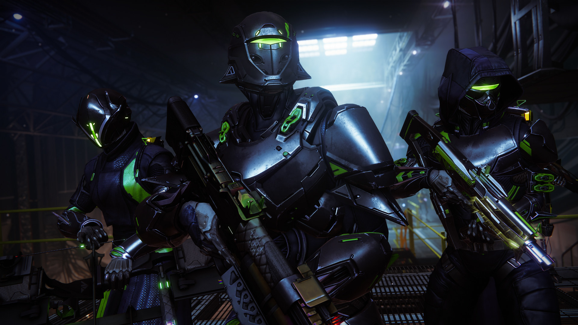 A titan, hunter, and warlock decked out in armor and holding weapons in Destiny