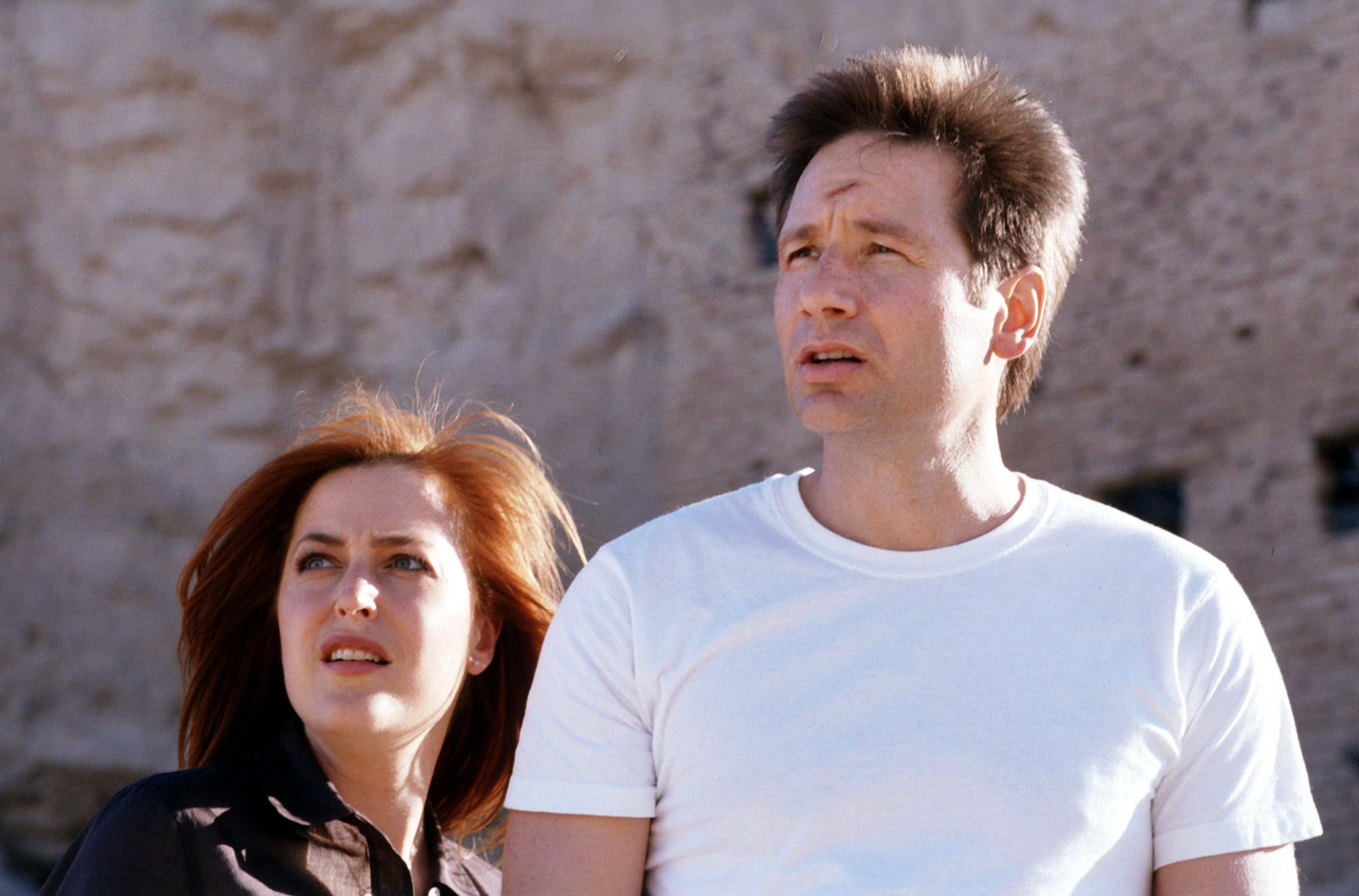 closeup of scully and mulder looking up at something