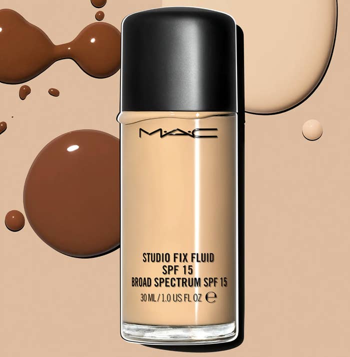The bottle of foundation surrounded by swatches of product