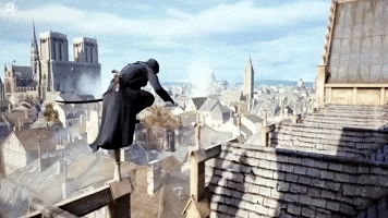 An assassin hopping along the rooftops of Paris in Assassin&#x27;s Creed Unity
