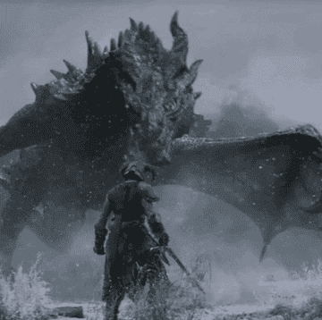 The Dragonborn facing off against a roaring dragon in Skyrim