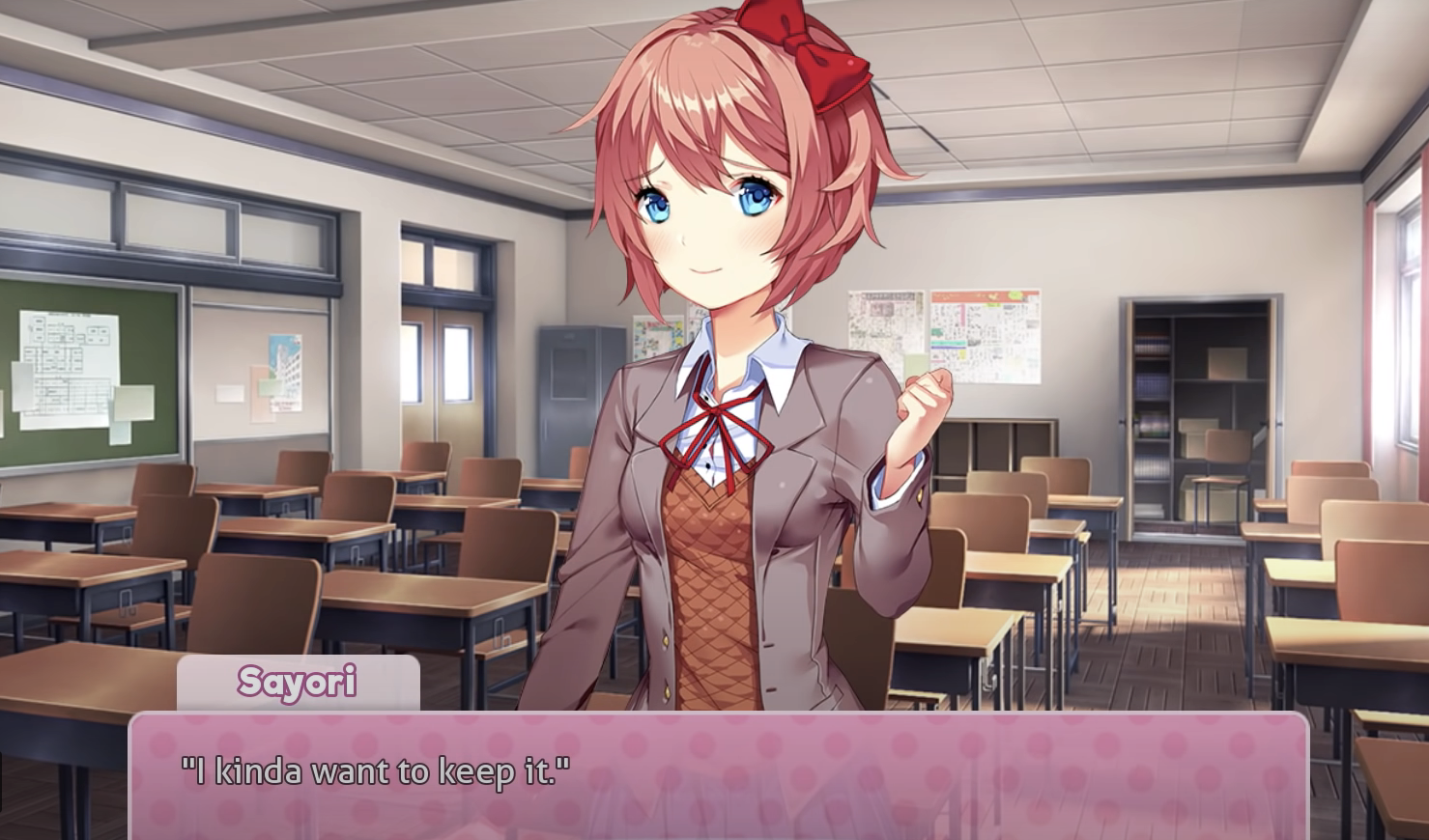 A screenshot from Doki Doki Literature Club with Sayori, an anime-style girl with pink hair and dressed in a school uniform, saying &quot;i kinda want to keep it&quot;