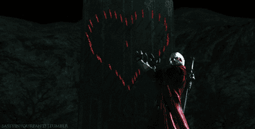 Dante clapping his hands twice and setting off a chain of exploding shells embedded in a wall in the shape of a heart