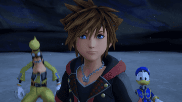 Sora, Donald, and Goofy recoiling in surprise in Kingdom Hearts 2